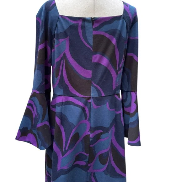 Trina Turk Size 14 Bell Sleeve Dress | Purple & Blue Swirl Geometric Mod Print - Picture 6 of 11